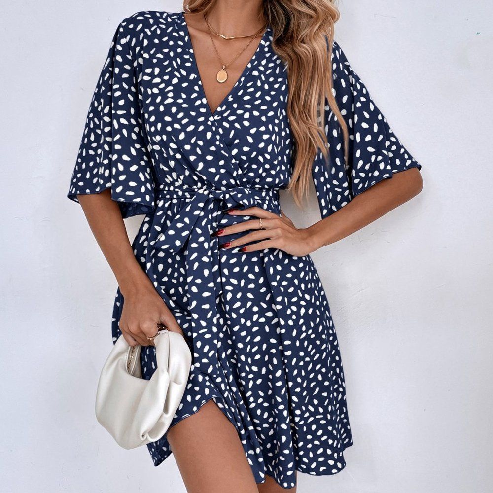 New Allover Print Butterfly Sleeve Belted Dress Blue